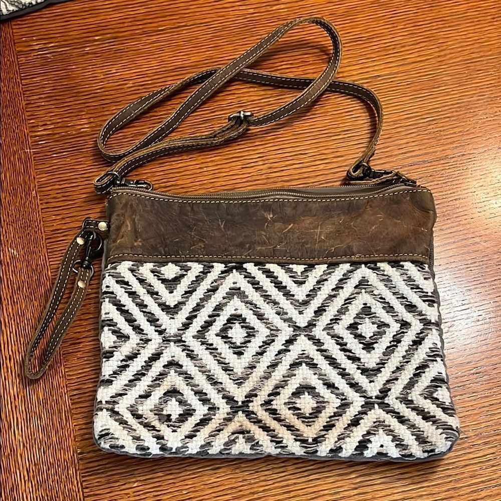 Myra Bag Brown and White Crossbody Bag with Geometric Design